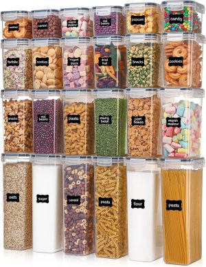 Airtight Food Storage Containers w/ Lids,24 pcs Plastic Kitchen &Pantry Organization Canisters BPA Free,Includes 24 Labels Black