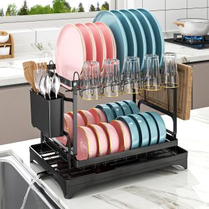 2-Tier Dish Drying Rack with Utensil Holder, Dish Rack with Drainboard for Kitchen Counter,Kitchen Organizers and Storage Rack