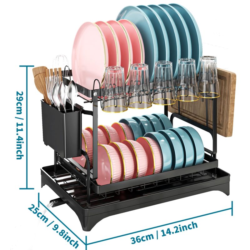 2-Tier Dish Drying Rack with Utensil Holder, Dish Rack with Drainboard for Kitchen Counter,Kitchen Organizers and Storage Rack - Image 2